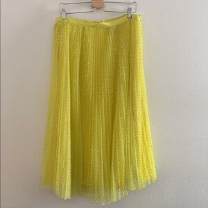 J. Crew Neon Yellow Pleated Midi Skirt with Teal Sparkle polka dots
